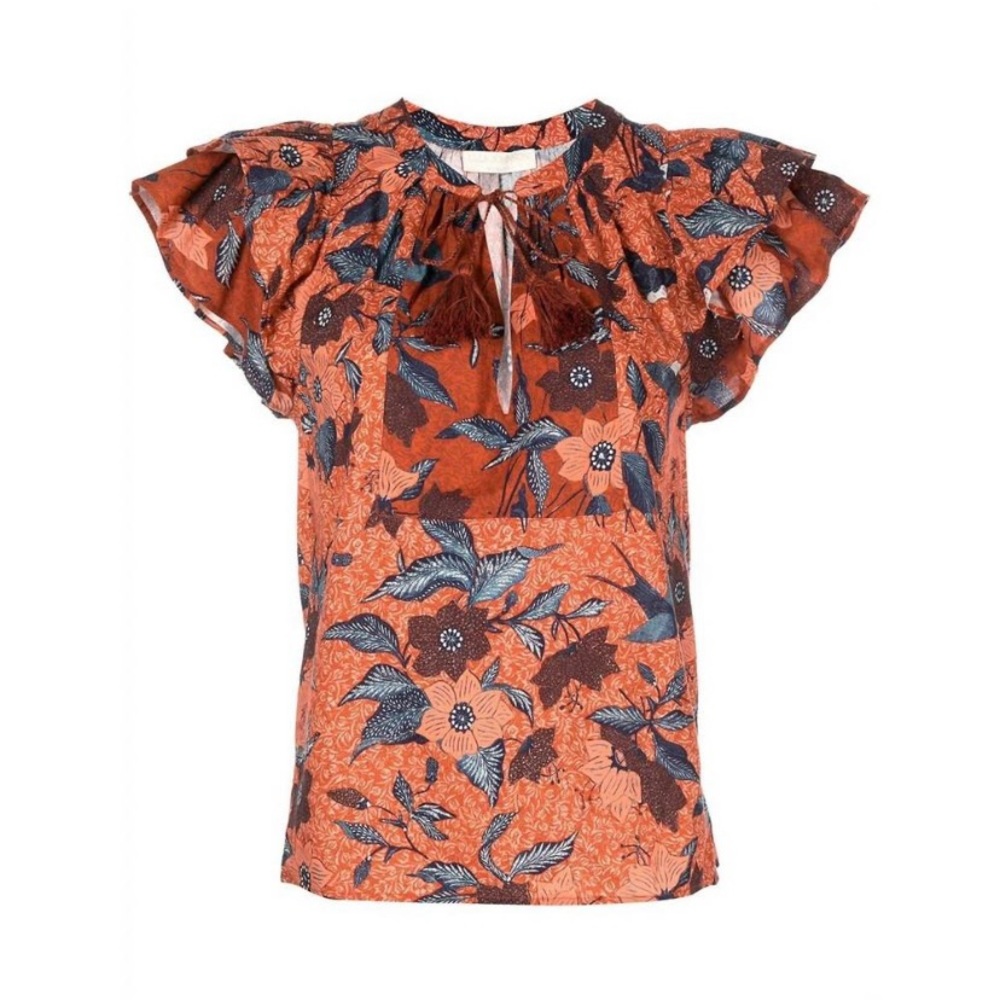 Ulla Johnson Jules Top in Carmine Floral Print with Tassels Size 4